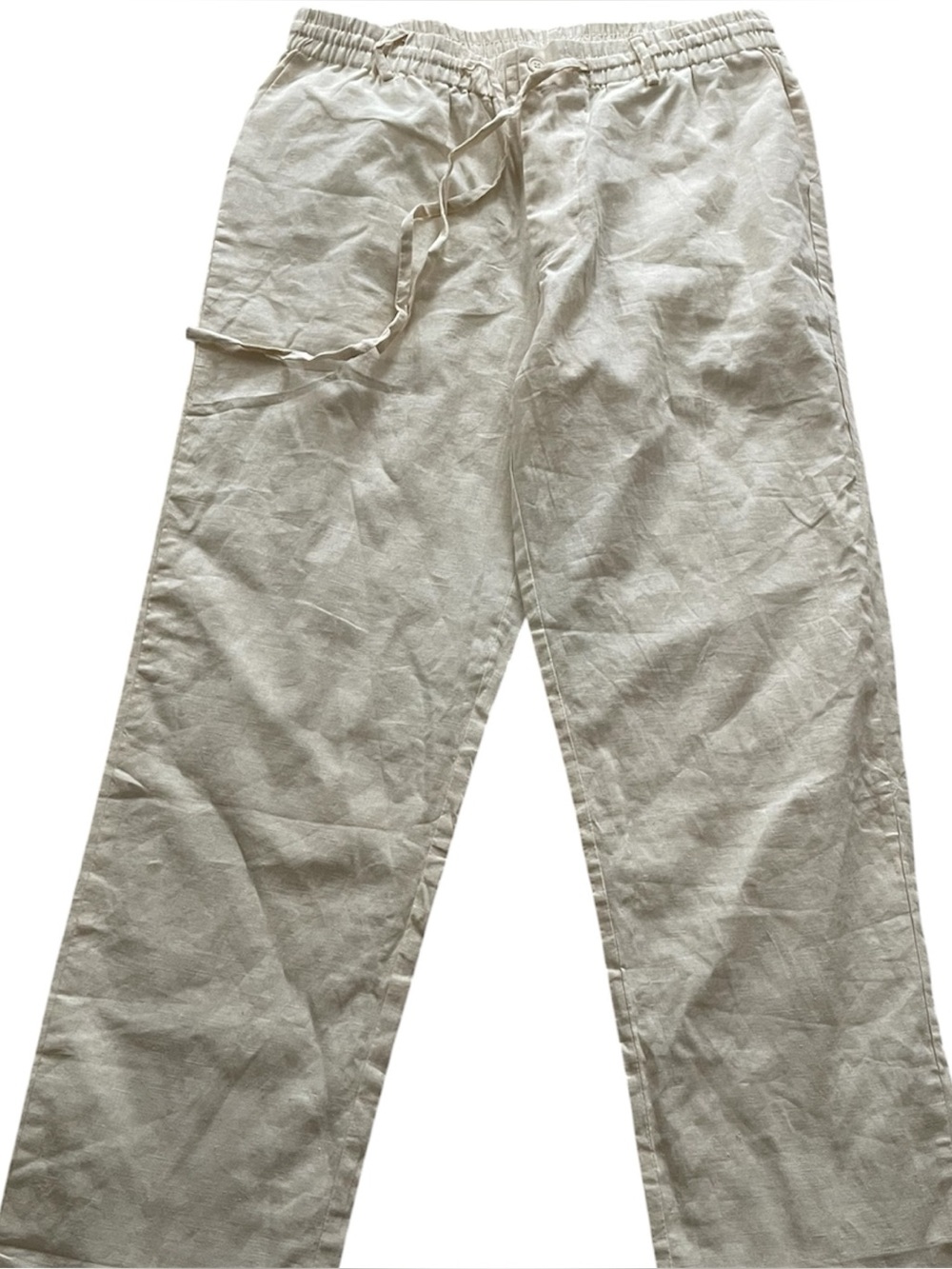 Women's Cream Drawstring Linen Cotton Wide-Leg Pants - Picture 3 of 10